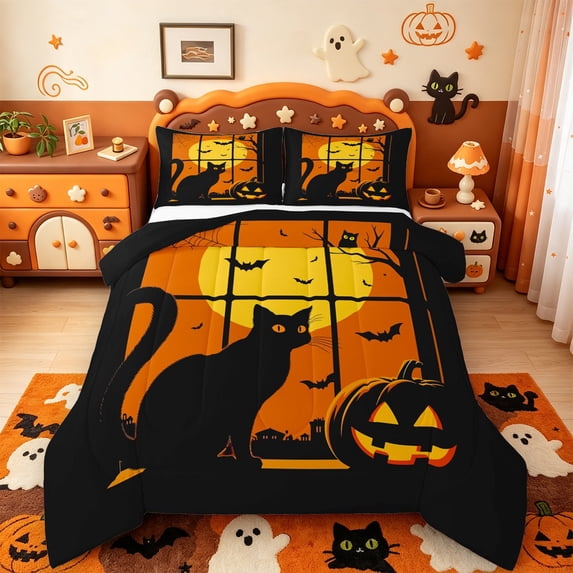 Manfei Halloween Bat Print King Size Comforter Sets,Autumn Pumpkin Pattern Comforters King Size,Black Reversible,3pcs,1 Comforter and 2 Pillowcases