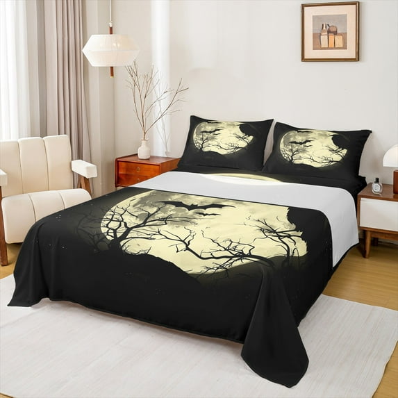 Manfei Halloween Bat Print Queen Sheet Sets, Jungle Branches Flat Sheet, Teen Boy Kid Girl Queen Fitted Sheet, Breathable Home Decor, 4pcs