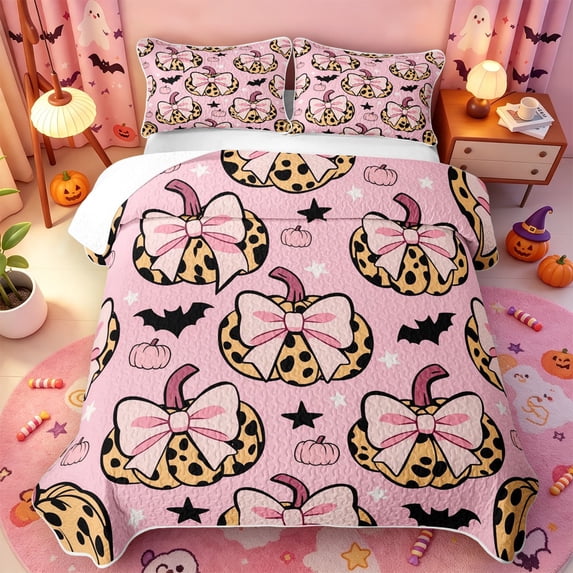 Manfei Halloween Bat Print Quilt King,Kawaii Ghost King Coverlet Set,3-Piece,1 Bedspread and 2 Pillowcases
