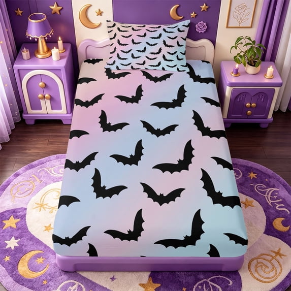 Manfei Halloween Bat Print Twin Fitted Sheet,Ghost And Pumpkin Bedding,2 Pieces,1 Fitted Sheet and 1 Pillowcase