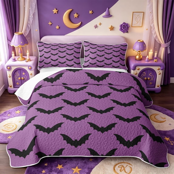 Manfei Halloween Bat Print Twin Quilt Set,Cartoon Skull Twin Coverlet Set,2pcs,1 Bedspread and 1 Pillowcase