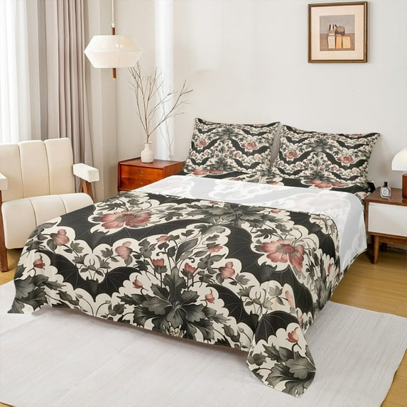 Manfei Halloween Bat Queen Sheet Sets, Vintage Floral Flower Flat Sheet, Hippie Animal Queen Fitted Sheet, Ultra Soft Home Decor 4pcs