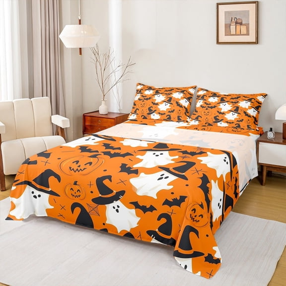 Manfei Halloween Bat Sheet Set Full, Gothic Cartoon Ghost Bed Sheets Set Full Size, Orange Full Sheet Sets, Microfiber Room Decorative, 4pcs