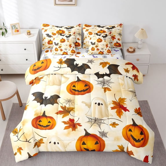 Manfei Halloween Bats 7pcs Queen Bedding,Autumn Pumpkin Bedding Comforter Set Queen,Beige,Halloween Reversible
