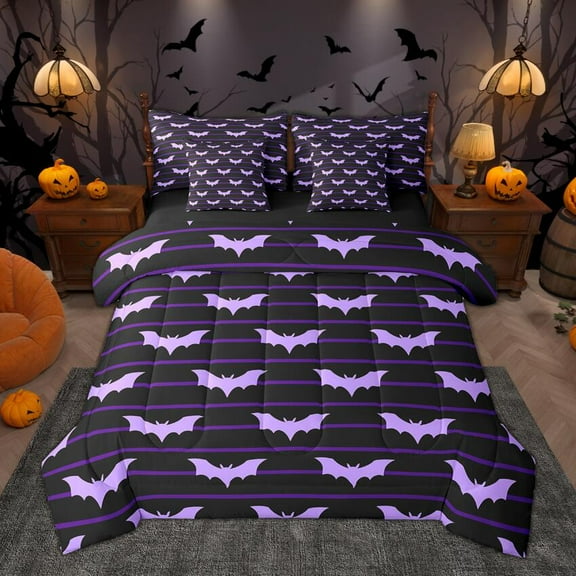 Manfei Halloween Bats Bedding Comforter Set 7pcs, Black Purple Stripe Queen Bedding Sets, Kids Festival Gifts Queen Sheet Sets, Ultra Soft Room Decor