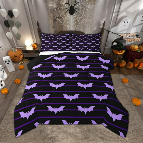 Manfei Halloween Bats Bedding Comforter Set, Black Purple Stripe Twin Comforter Sets, Kids Festival Gifts Bedding Set, Ultra Soft Room Decor, Reversible 2pcs