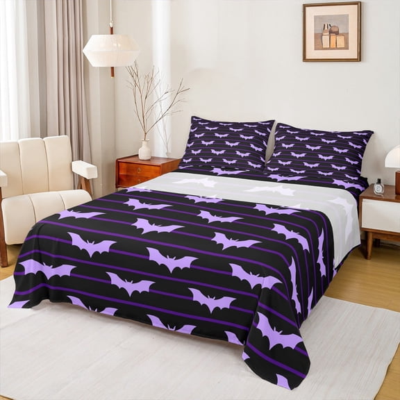 Manfei Halloween Bats Queen Sheet Sets 4-Piece, Black Purple Stripe Flat Sheet, Kids Festival Gifts Queen Fitted Sheet, Ultra Soft Room Decor