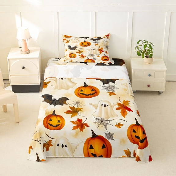 Manfei Halloween Bats Twin Sheets,Autumn Pumpkin Bedding,Beige,3pcs,1 Fitted Sheet and 1 Pillowcase