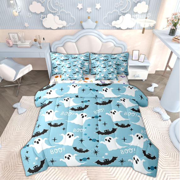 Manfei Halloween Bed in a Bag Queen size for Teens, Blue Bed Set, Kawaii Ghost Bat Reversible Bedding Queen Size, Breathable Bedroom Decorative, 7pcs