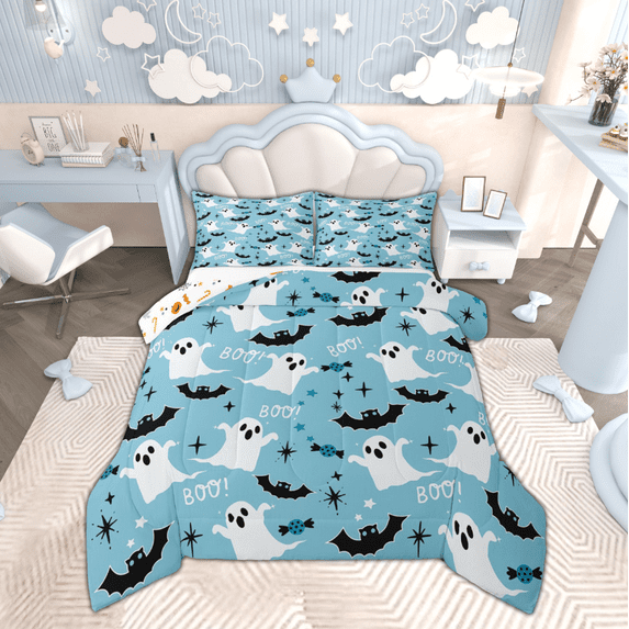 Manfei Halloween Bedding Sets Queen with Comforter for Teens, Blue Comforter Sets Queen Size, Kawaii Ghost Bat Reversible Down Comforter, Breathable Bedroom Decorative, 3pcs