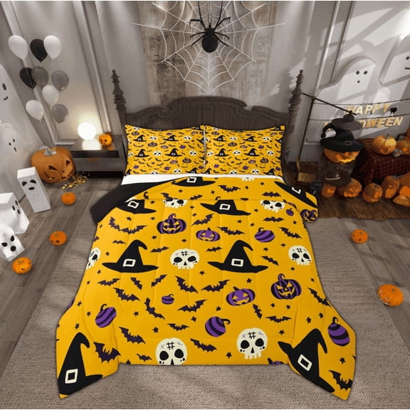 Manfei Halloween Bedding Twin Comforter Set for Teens, Spooky Bat Print Comforter Sets Twin Size, Skull Skeleton Reversible Comforters & Duvets, Microfiber Room Decoration, 2pcs