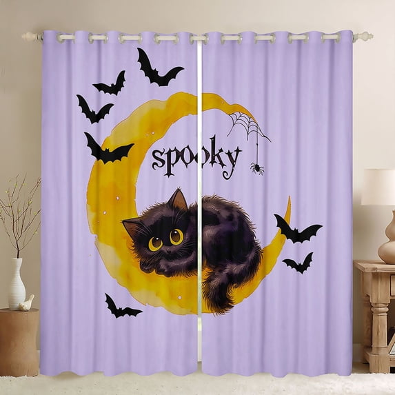 Manfei Halloween Black Cat Blackout Curtains, Galaxy Moon Window Curtains Pack of 2 (38x45 Each), Lavender Golden