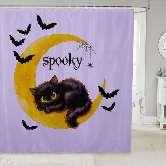 Manfei Halloween Black Cat Shower Curtain 72Wx72L, Galaxy Moon Bathroom Curtain, Lavender Golden