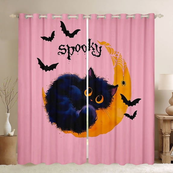 Manfei Halloween Black Kitten Blackout Curtains Set of 2 (52x84 Each), Bat Moon Curtain, Pink Orange