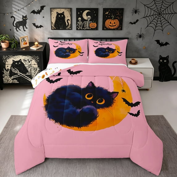 Manfei Halloween Black Kitten Queen Comforter Set, Bat Moon Comforter Sets Queen, Pink Orange, Halloween Reversible, 3pcs, 1 Comforter and 2 Pillowcases
