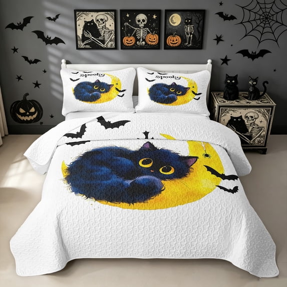 Manfei Halloween Black Kitten Quilt King, Ink Horror Moon King Coverlet Set, White Yellow, 3-Piece, 1 Bedspread and 2 Pillowcases