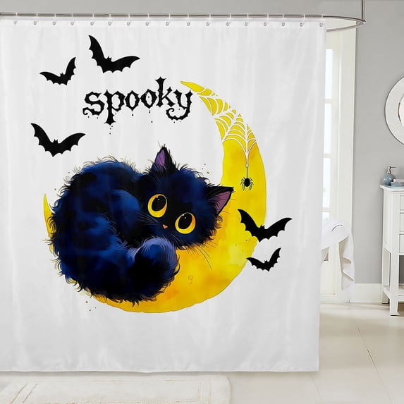 Manfei Halloween Black Kitten Shower Curtain 72Wx84L, Ink Horror Moon Bathroom Shower Curtain, White Yellow