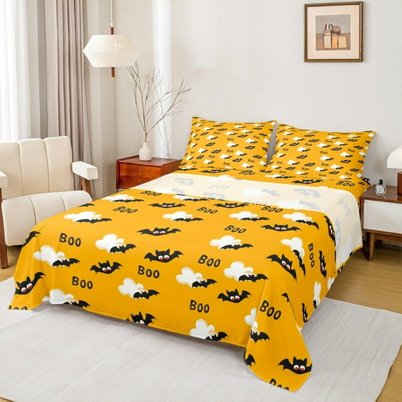 Manfei Halloween Boo Bed Sheets Set King Size, Magic Bat Bedding King Size, Horror Gothic King Sheet Sets, Breathable Bedroom Decoration, 4-Piece