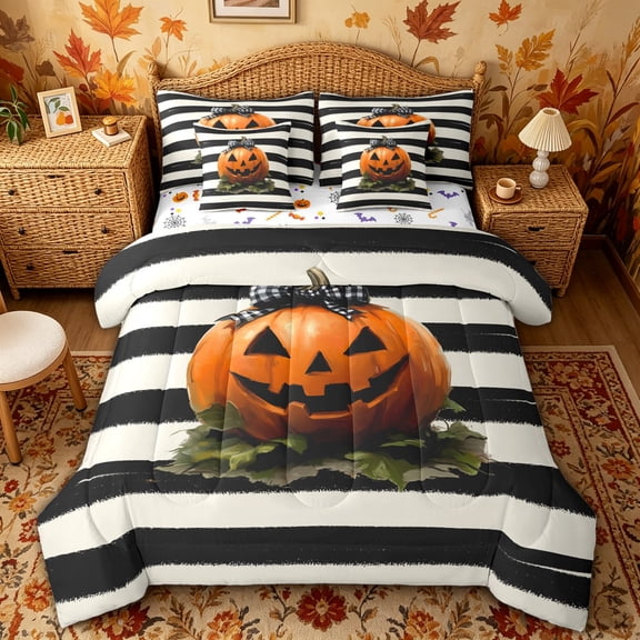 Manfei Halloween Bowknot Pumpkin Full Size Bedding Sets for Parties, Black White Stripe Line Full Size Bed in a Bag, Halloween Reversible, 7pcs