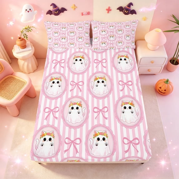 Manfei Halloween Cartoon Ghost Fitted Sheet Full,Ribbon Bow Knot Bed Set,3-Piece,1 Fitted Sheet and 2 Pillowcases