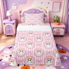 Manfei Halloween Cartoon Ghost Twin Sheets,Ribbon Bow Knot Bedding,3pcs,1 Flat Sheet,1 Fitted Sheet and 1 Pillowcase