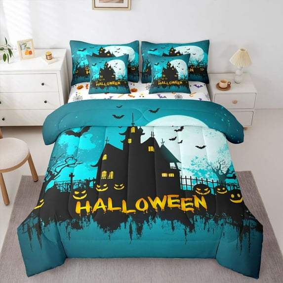 Manfei Halloween Castle 7 Pieces Bedding Comforter Set,Abstract Pumpkin Full Bedding Set Lightweight,Black Blue Fitted Sheet Flat Sheet,Ultra Soft Festival Home Decor,Reversible