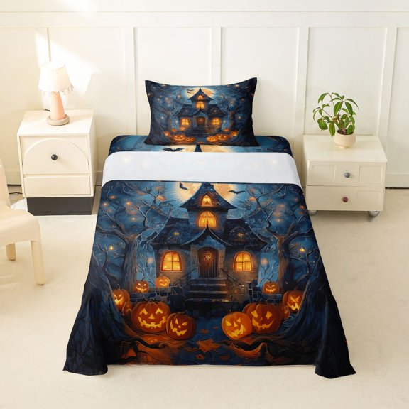 Manfei Halloween Castle Twin Sheets,Pumpkin Lantern Bedding,Black,3-Piece,1 Fitted Sheet and 1 Pillowcase