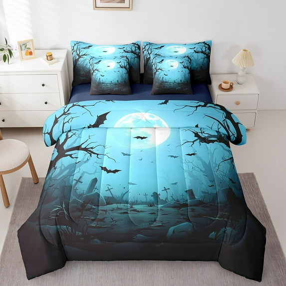 Manfei Halloween Cemetery Bedding Comforter Set 7Pcs,Gothic Bats Queen Bedding Sets Super Cozy for Kids Girls Boys,Happy Halloween Theme Vintage Scary Moonlight Night Queen Sheet Sets
