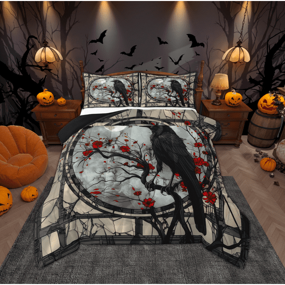 Manfei Halloween Crow Child Bedding Comforter Set, Vintage Cherry Blossoms Twin Comforter Sets, Mystic Galaxy Moon Reversible Bedding Set, Lightweight Room Decor, 2-Piece