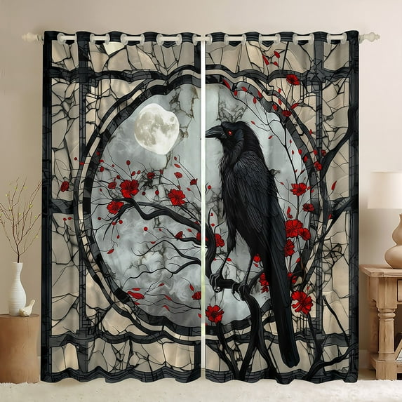 Manfei Halloween Crow Child Black Out Curtains, Vintage Cherry Blossoms Curtains Pack of 2 (42x63 Each), Mystic Galaxy Moon Bedroom Curtains, Window Curtains Room Decor