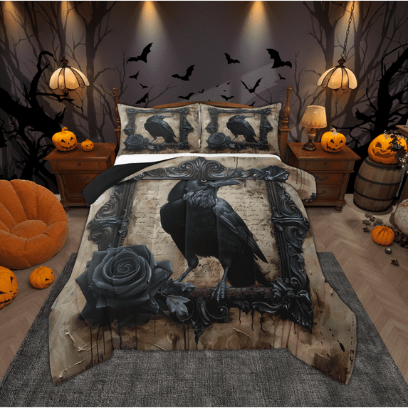 Manfei Halloween Crow Child Full Size Comforter Sets, Vintage Black Rose Flower Bedding Comforter Set, Western Gothic Style Reversible Bedding Sets, Lightweight Room Decor, 3 Pieces