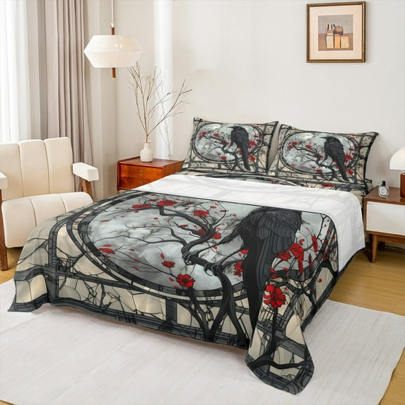 Manfei Halloween Crow Child Twin Sheet Sets, Vintage Cherry Blossoms Twin Fitted Sheet, Mystic Galaxy Moon Flat Sheet, Lightweight Room Decor, 3-Piece