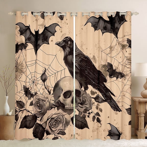Manfei Halloween Crow Teens Blackout Curtains Set of 2 (52x84 Each), Gothic Romantic Skeleton Window Curtains, Spider Web Curtains and Drapes, Curtains and Drapes Bedroom Decor