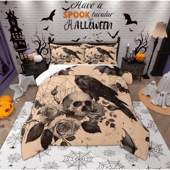Manfei Halloween Crow Teens Queen Comforter Set, Gothic Romantic Skeleton Bedding Sets, Spider Web Reversible Bedding Comforter Set, Luxury Bedroom Decor, 3 Pieces