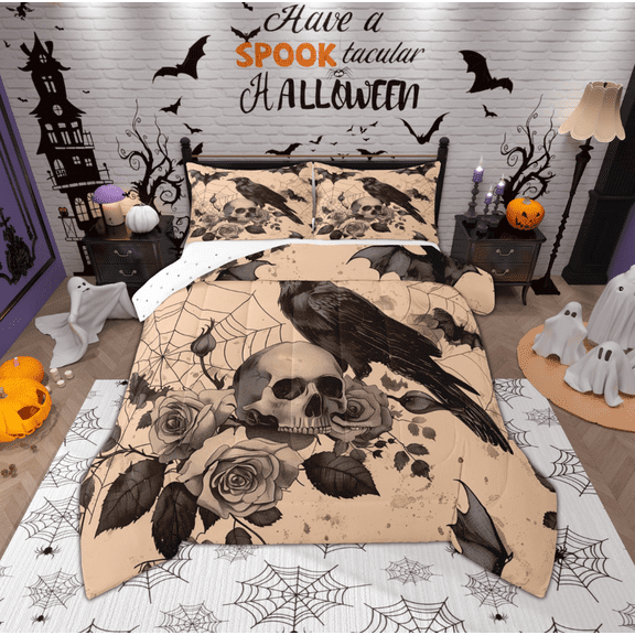 Manfei Halloween Crow Teens Queen Comforter Set, Gothic Romantic Skeleton Bedding Sets, Spider Web Reversible Bedding Comforter Set, Luxury Bedroom Decor, 3 Pieces