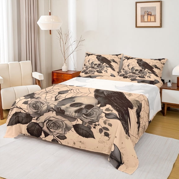 Manfei Halloween Crow Teens Queen Sheet Sets, Gothic Romantic Skeleton Flat Sheet, Spider Web Queen Fitted Sheet, Luxury Bedroom Decor, 4 Pieces
