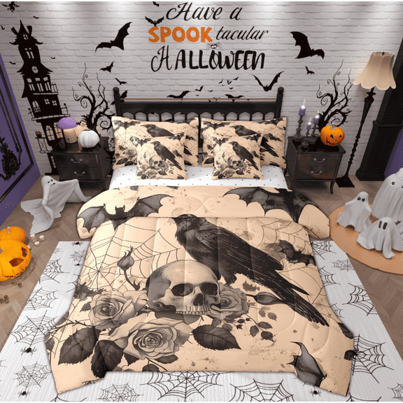 Manfei Halloween Crow Teens Twin Bedding Sets 7-Piece, Gothic Romantic Skeleton Bedding Comforter Set, Spider Web Reversible Sheet Sets, Luxury Bedroom Decor
