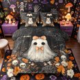 thumbnail image 1 of Manfei Halloween Cute Bow Ghost Full Size Bedding Sets 7 Pieces, Sugar Skull Bat Flower Full Size Bed in a Bag, Black Orange White,Black Reversible, 1 of 7