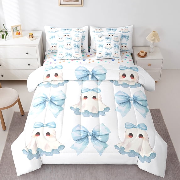 Feelyou Halloween Cute Ghost Bedding Comforter Set 7-Piece, Light Blue King Bedding Sets, Princess Style Bed Sheets, Lightweight Room Decorative