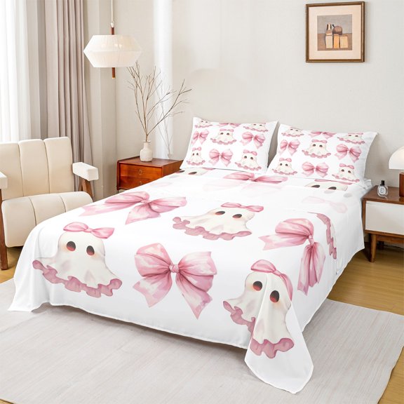 Feelyou Halloween Cute Ghost Full Size Sheets, Light Pink Bed Sheets, Princess Style Sheet Sets, Super Cozy Bedroom Decor, 4 Piece