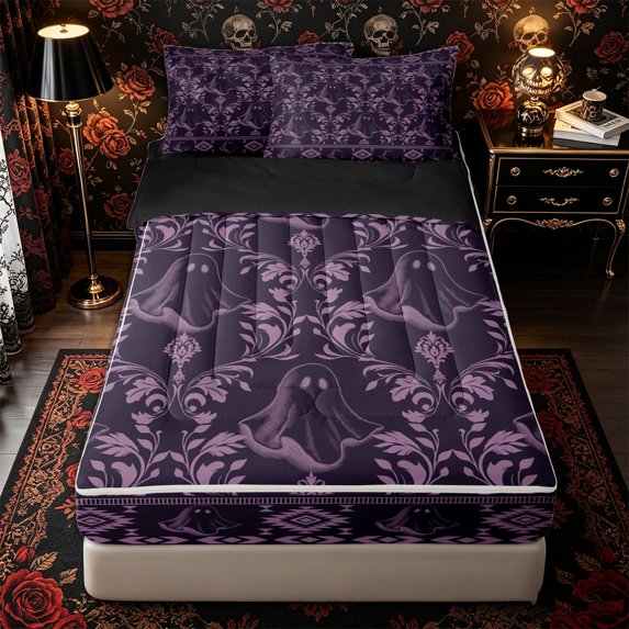 Manfei Halloween Damask Ghost Zipper Full Size Comforter Sets with Fitted Sheet and 2 Pillowcases, Gothic Flower Zipper Bedding Set, Purple,Black Reversible,4pcs