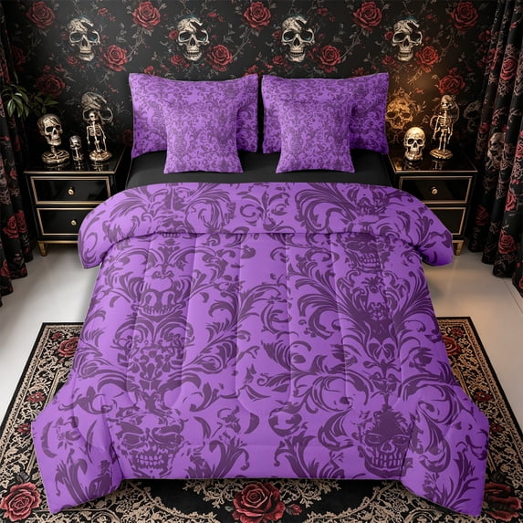 Manfei Halloween Damask Skull 7-Piece Twin Bedding, Exotic Style Floral Bedding Comforter Set, Purple Violet Black,Black Reversible