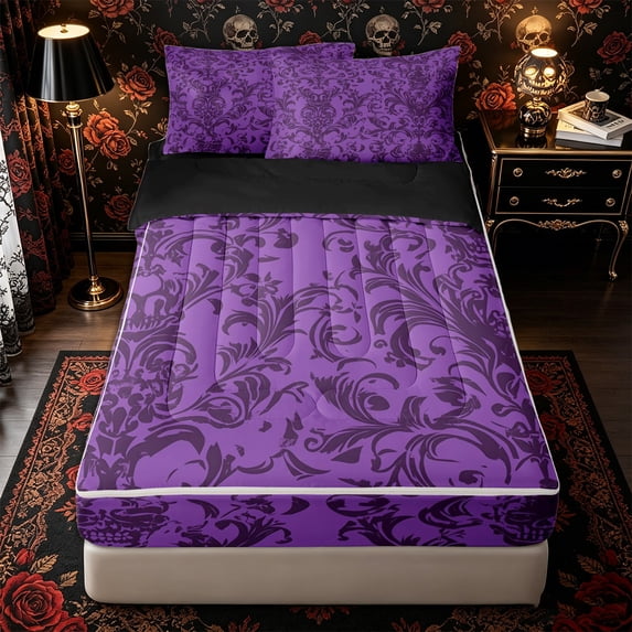 Manfei Halloween Damask Skull Zipper Queen Comforter Set with Fitted Sheet and 2 Pillowcases, Exotic Style Floral Zipper Bedding Set, Purple Violet Black,Black Reversible,4 Pieces