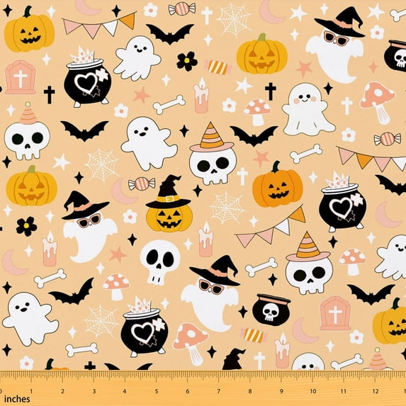 Manfei Halloween Fabric by the Yard 3 Yards, Cute Spooky Animal Room Decor Fabric by the Yard, Peach Halloween