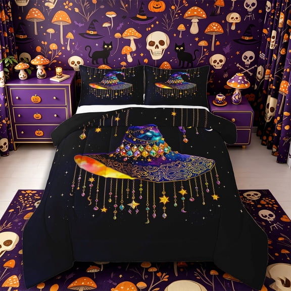 Manfei Halloween Galaxy Witch Hat Full Size Comforter Sets 3-Piece, Galaxy Starry Sky Bedding Comforter Set, Navy Gold Rainbow,Black Reversible,1 Comforter and 2 Pillowcases