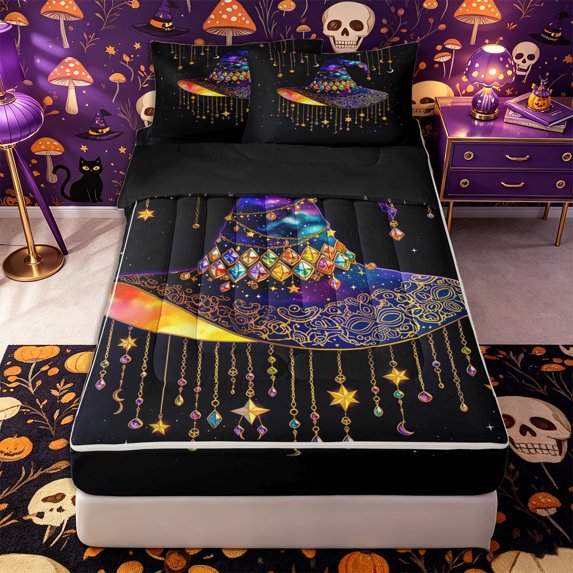 Manfei Halloween Galaxy Witch Hat Zipper Twin Comforter Sets with Fitted Sheet and 2 Pillowcases, Galaxy Starry Sky Zipper Bedding Set, Navy Gold Rainbow,Black Reversible,4pcs