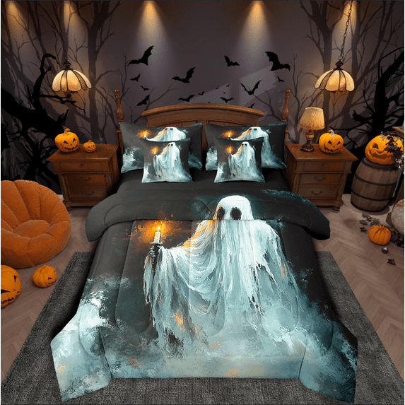 Manfei Halloween Ghost Bedding Sets King Size,Festival Theme Bed in a Bag King size,Black White Bedding King Size,Lightweight Abstract Room Decorative,Reversible,7-Piece