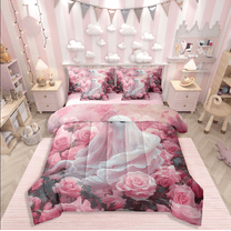 Manfei Halloween Ghost Bedding Sets Twin Size,Pink Rose Comforter Sets with Sheets,Dreamy Princess Bed in a Bag Twin size,Super Cozy Girls Bedroom Decor,Reversible,7-Piece