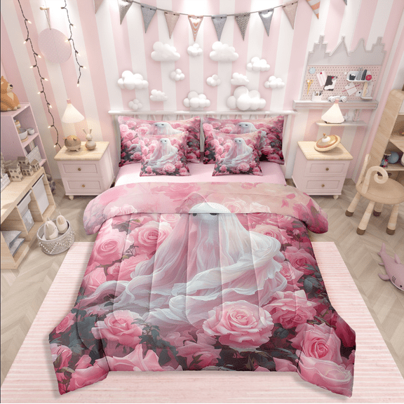 Manfei Halloween Ghost Bedding Sets Twin Size,Pink Rose Comforter Sets with Sheets,Dreamy Princess Bed in a Bag Twin size,Super Cozy Girls Bedroom Decor,Reversible,7-Piece