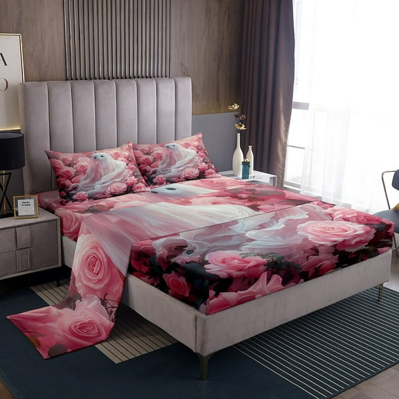 Manfei Halloween Ghost Full Sheet Sets,Pink Rose Bedding Full Size,Dreamy Princess Bed Sheets Set Full Size,Super Cozy Girls Bedroom Decor,4-Piece